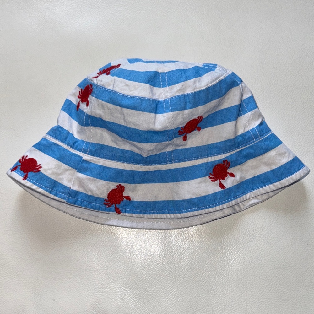 Mud Pie Bucket Hat Blue and White Striped w Red Crab Embroidery size 0-12 month